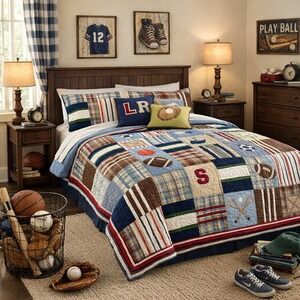 Pottery Barn Kids Quilt Kids Full/Queen Blue Sports Patchwork Multi Athletic